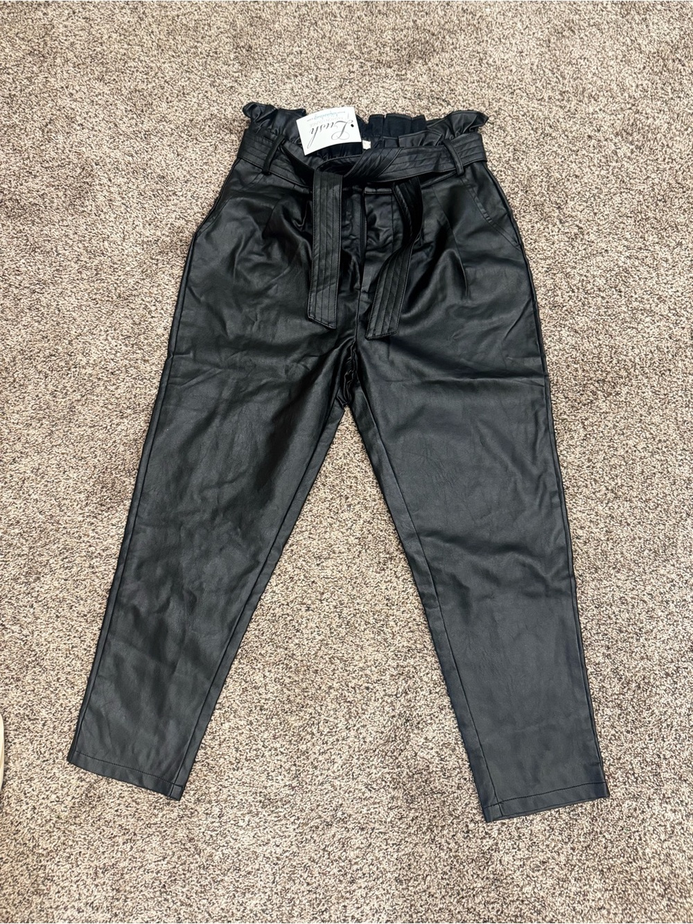 MARBLE Black Faux Leather Paperbag Waist Pants with Tie Belt